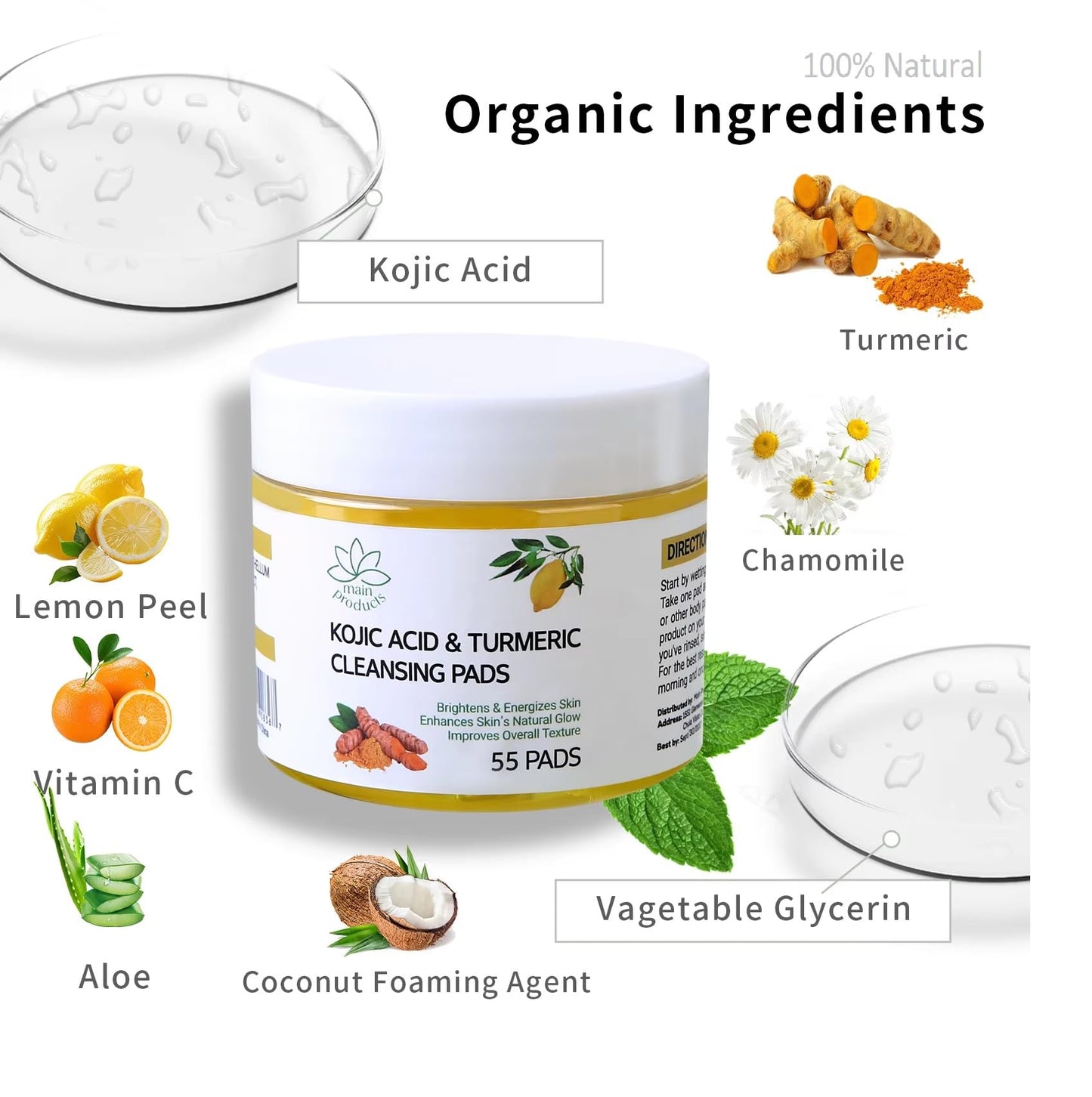 Main Products Kojic Acid and Turmeric Cleansing Pads, 55 Pcs, for Face Cleaning, Hydrating and Exfoliation.