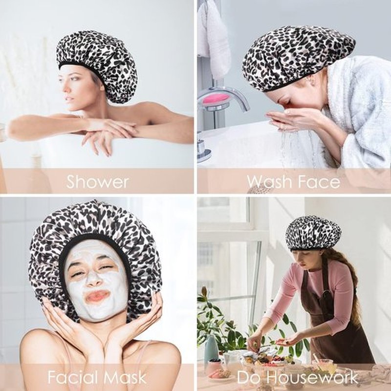 Aquior Shower Cap,Extra Large Triple Layer Bathing Cap with Dry Hair Function for Women Microfiber Terry Cloth Silky Satin 100%% Waterproof Reusable Long Hair Bath Caps (Leopard)