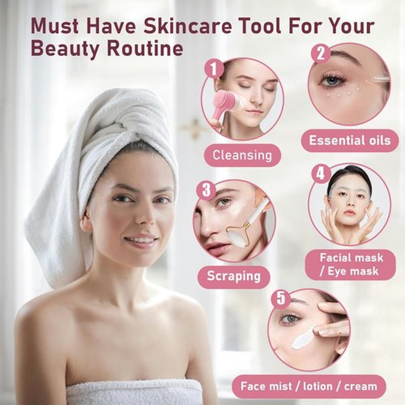 Beomeen Face Brush 2 in 1, Silicone Facial Cleansing Exfoliating Brush Soft Bristles Pore Deep Cleansing, Jade Face Roller Skin Care Tools, Manual Dual Face Wash Scrub Brush Massaging Gift,Pink+White