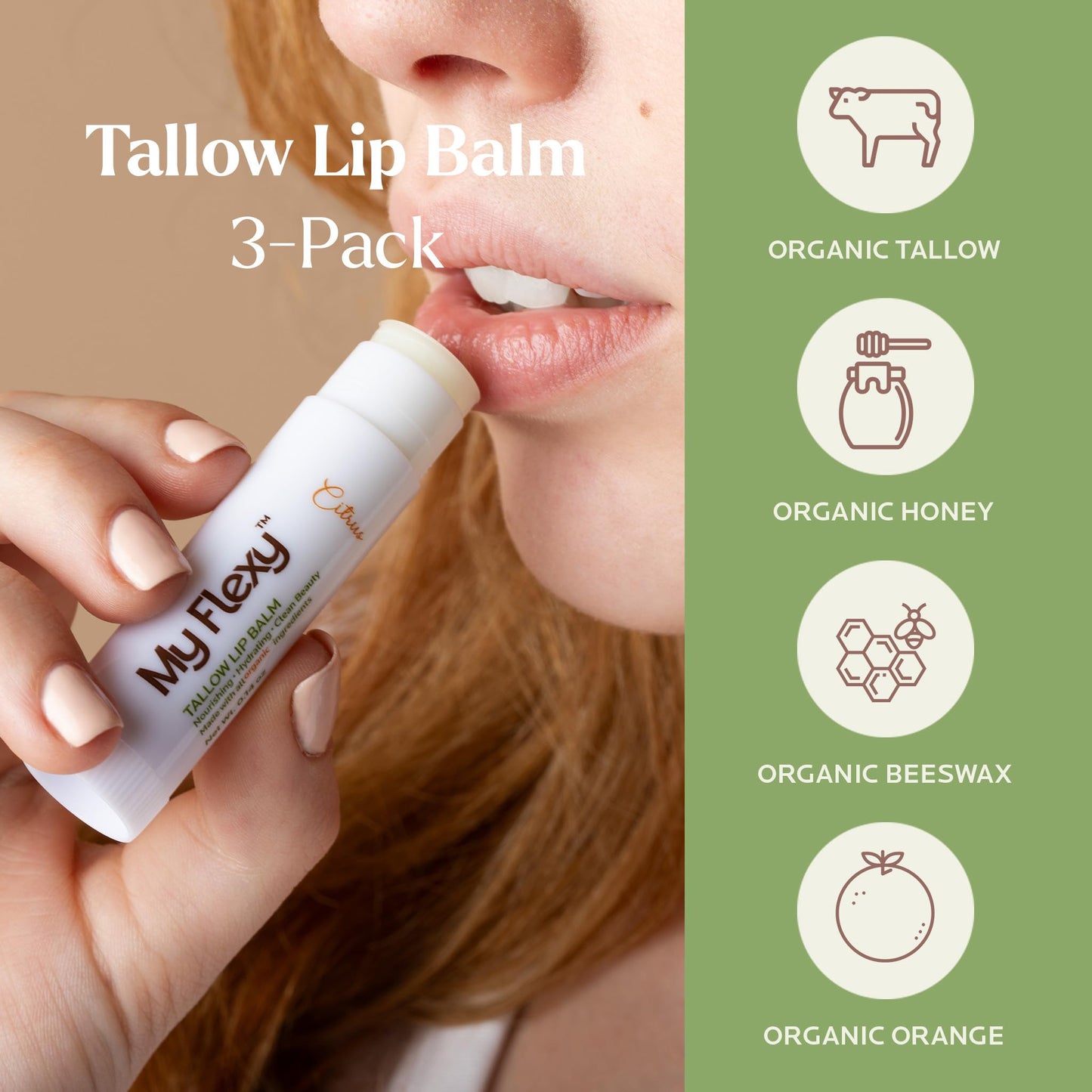 My Flexy 100% Organic Lip Balm Hydrating, Grass-Fed Beef Tallow Lip Balm, Made with Pasture Raised Tallow, Honey, Beeswax, & Orange Essential Oil, Lip Balms & Moisturizers - 1 Pack