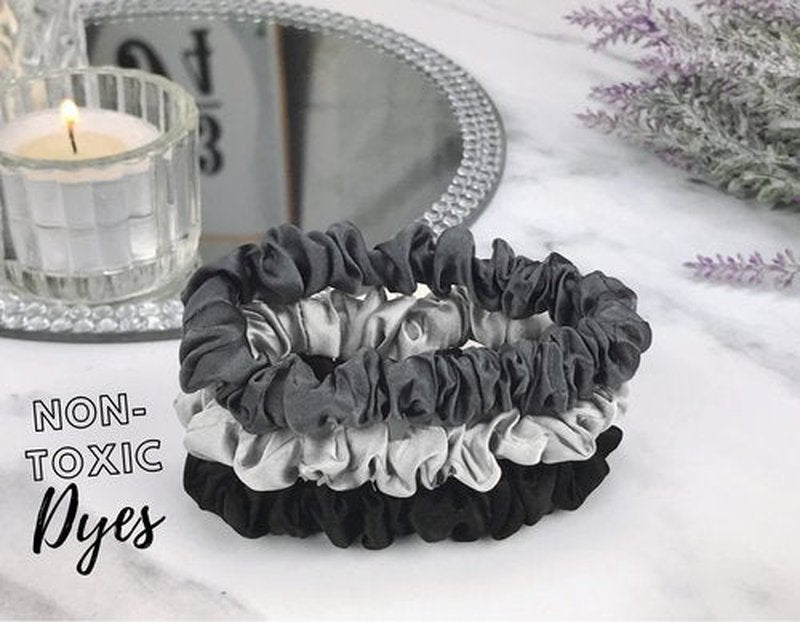 Celestial Silk Mulberry Silk Scrunchies for Hair (Small, Silver, Charcoal, Black)