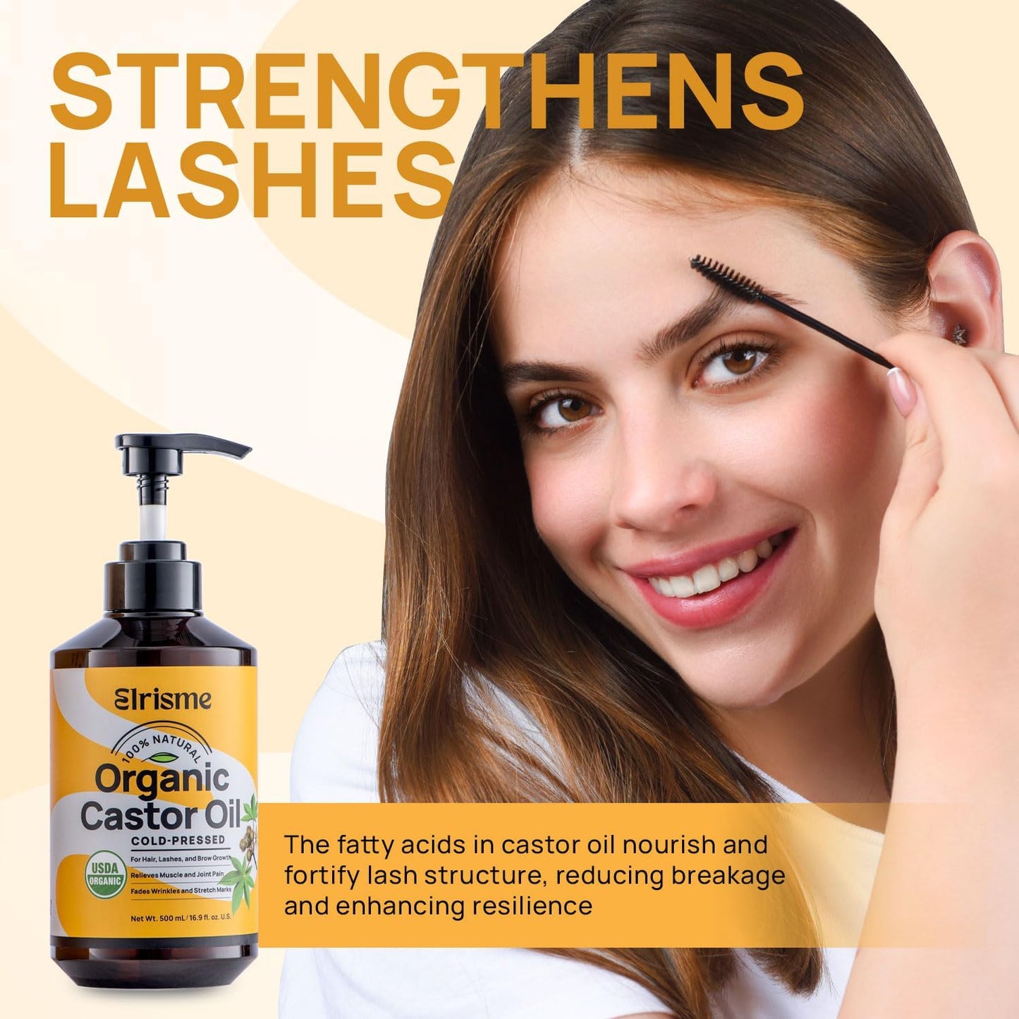 Cold Pressed Organic Castor Oil, Organic Black Castor Oil Hair Growth Serum for Eyelashes and Eyebrows, USDA 100% Pure Organic Castor Oil Non-Glass Bottle, Hexane-Free - 16 Oz