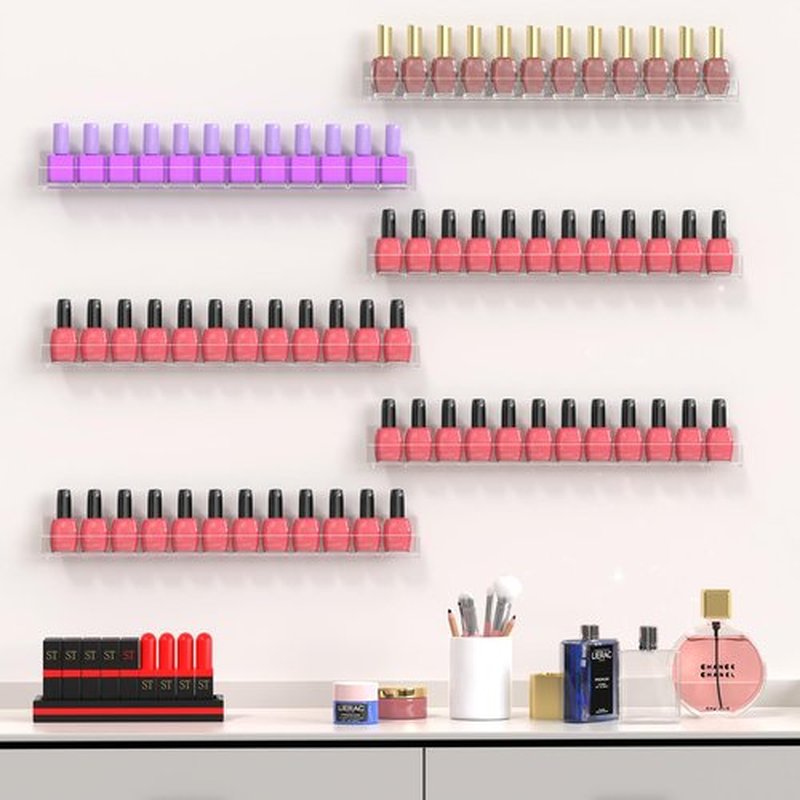 PMMASTO Adhesive Nail Polish Organizer Holder 15 Inch Clear Acrylic Wall Rack Shelf for 60-90 Bottles Nail Polish Display Rack For Nail Room Decor Organizer (6 Pack)