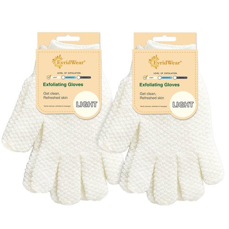 Evridwear Exfoliating Dual Texture Bath Gloves for Shower, Spa, Massage and Body Scrubs, Dead Skin Cell Remover, Gloves with Hanging Loop (2 Pairs Light)