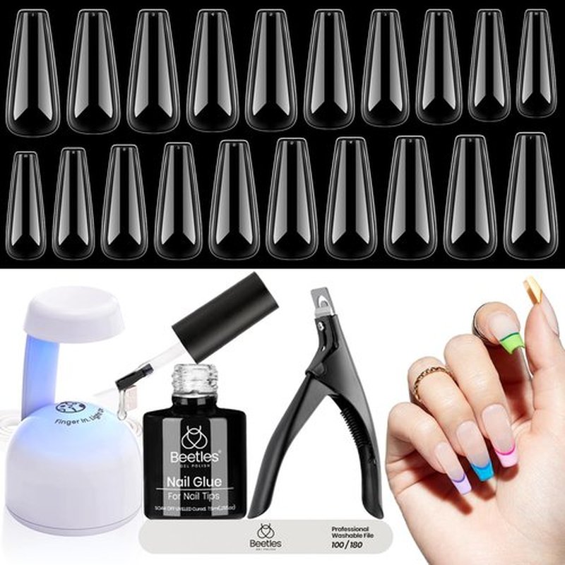 Beetles Gel Nail Kit Easy Nail Extension Set Beetles Gel X Pre shaped Long Coffin Soft Gel Nail Tips with 5 In 1 Nail Glue Gel Base Coat and Led Nail Lamp Acrylic Nail for Nail Art Diy Home Manicure