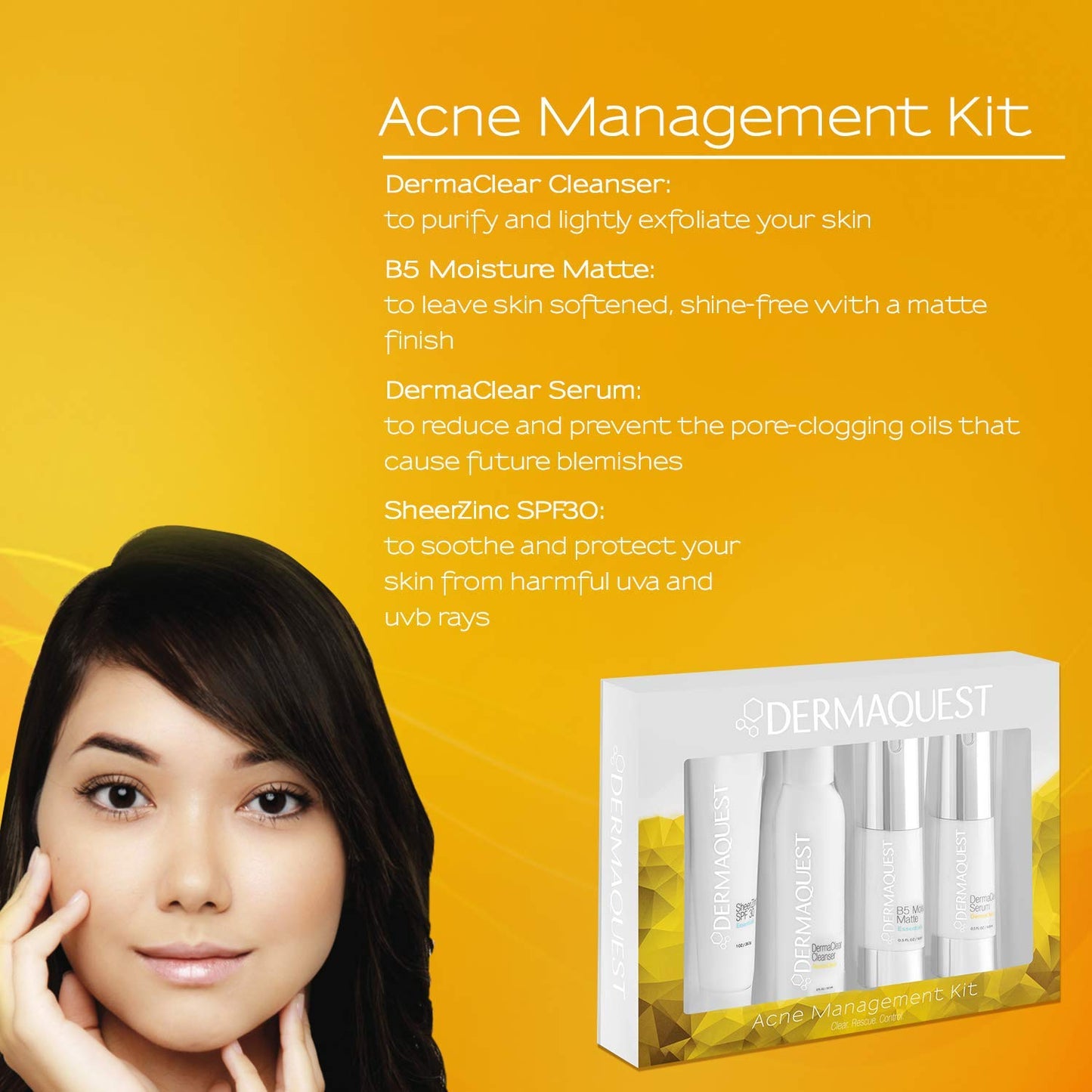 DermaQuest DermaClear Acne Treatment Kit - Acne Salicylic Acid Serum, Acne Facial Cleanser, Zinc Oxide Sunscreen, B5 Moisturizer - Skin Care and Acne Treatment for Oily & Sensitive Skin ($115 Value)