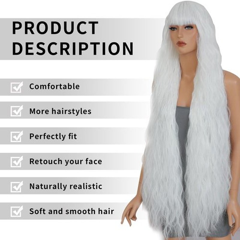 Aliesencia 40 Inch Long Wavy Wig Synthetic Wig with Bangs for Women White Cosplay Wig Long Wavy Bounce Fluffy Wig Natural Style Wig for Halloween Heat Resistant Wig for Party Daily Use(White)