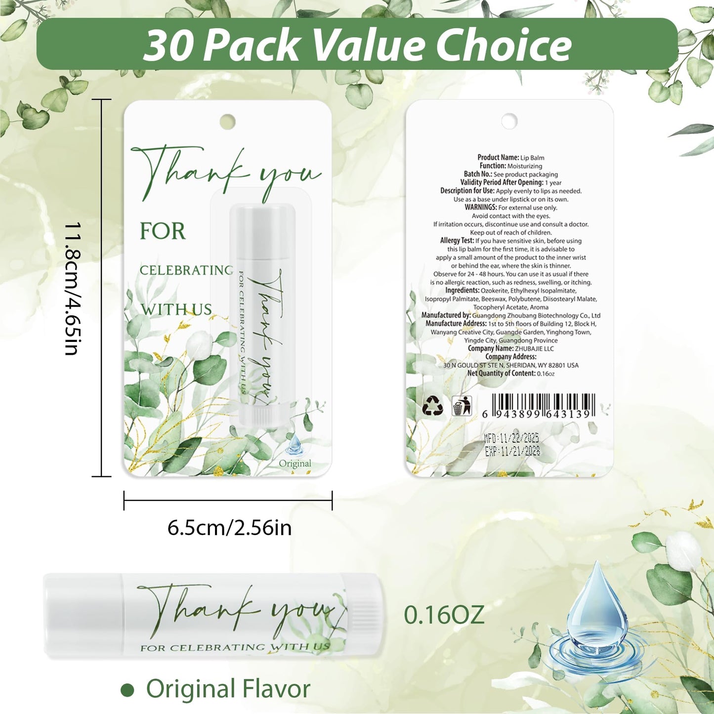 30 Pack Wedding Thank You Gifts Moisturizing Lip Balms in Bulk Bridal Baby Shower Return Gifts Sage Green Eucalyptus Leaf Theme Birthday Party Favors Games Prizes Guests Gifts