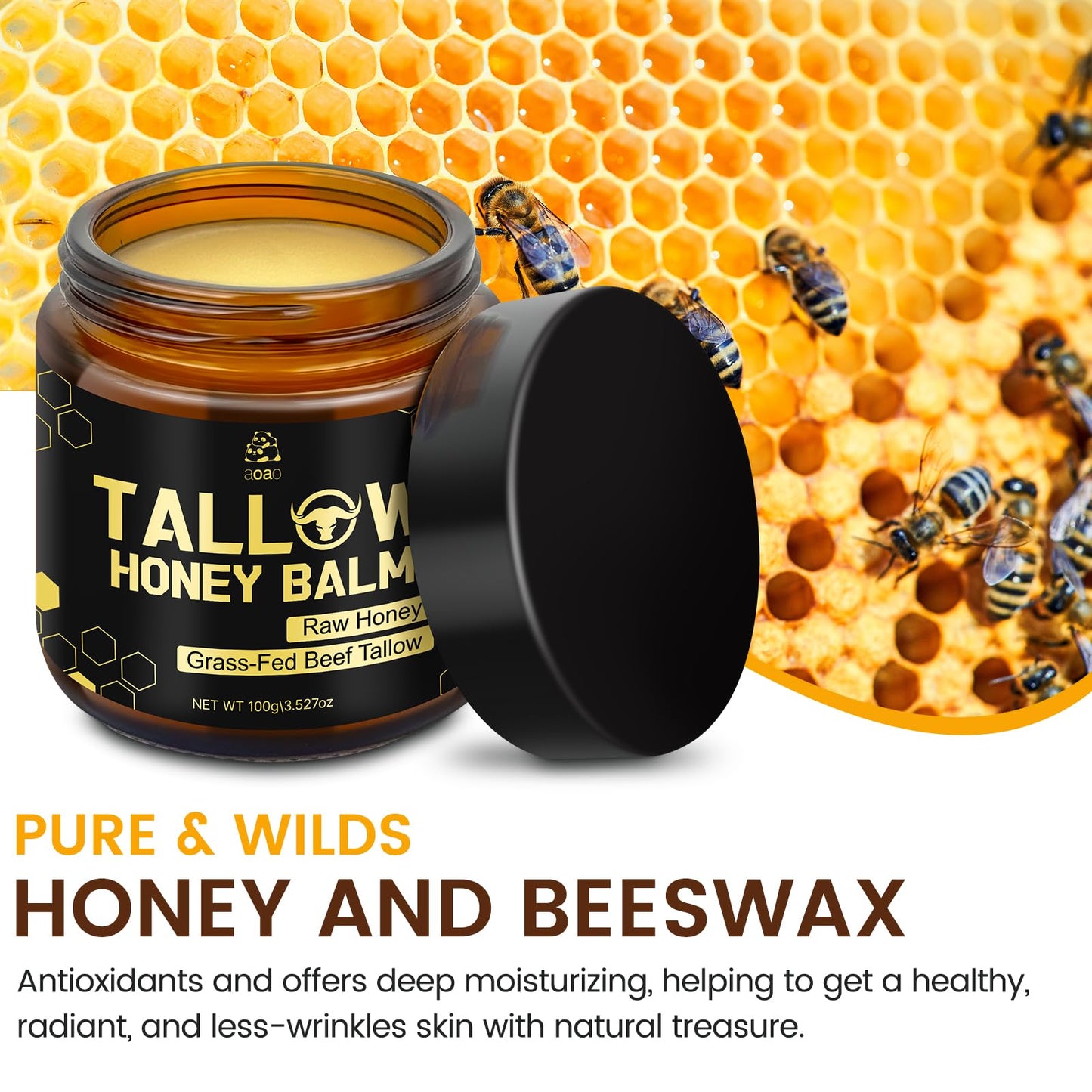 Tallow Honey Balm for Face & Body, Moisturizer with Organic Grass-Fed Beef Tallow & Raw Wild Honey, Not Diluted, Natural Hydration, Soothes & Nourishes Dry, Sensitive, Cracked Skin (Tallow Honey_1)