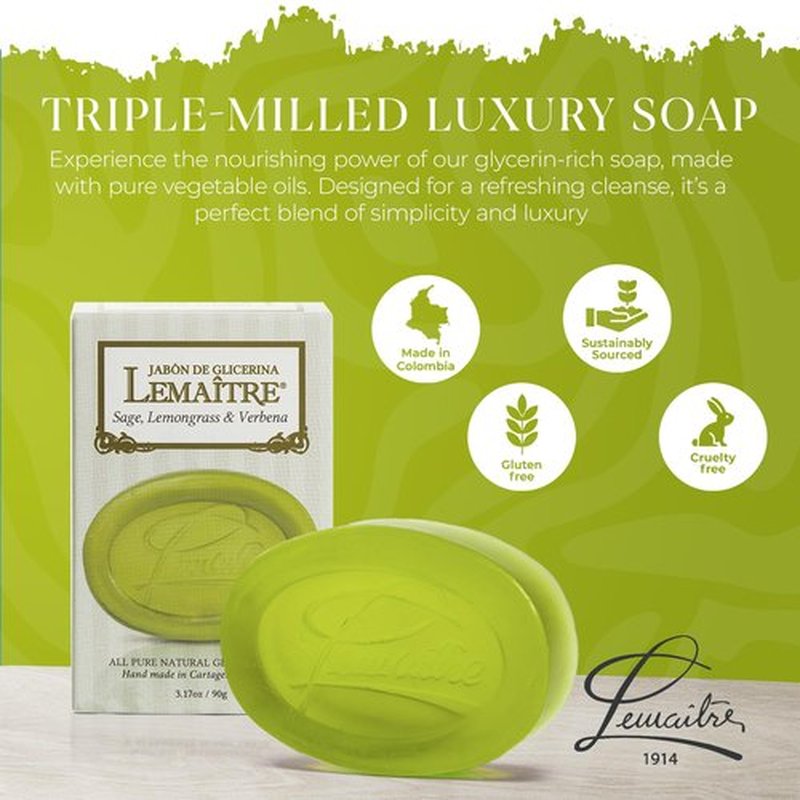 LEMAITRE Glycerin Soap - Vegan Transparent Bar, Gentle Cleanse, Vegan Bar, Cruelty-Free, Fragrances & Skin care for Women, Men (3.17 Ounce (Pack of 6), Sage, Lemon Grass & Verbena)