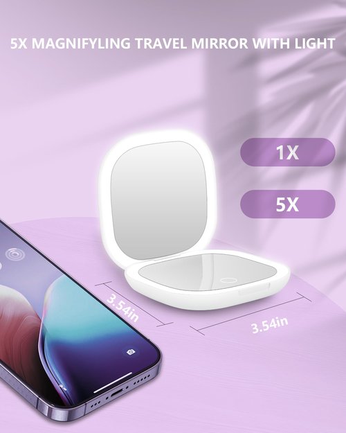 Dec.Metu Compact Mirror, 1X/5X Magnification Pocket Travel Makeup Mirror with Lights for Purse Rechargeable Small Handheld Mirror for Gift White