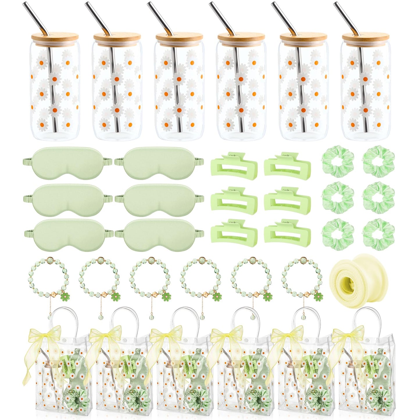 Vesici 42 Pcs Spa Sleepover Party Supplies Bulk for Women 6 Sets Slumber Bridesmaid Wedding Birthday Gifts Favor Glass Cup Eye Mas Hair Tie Hair Clip Bracelet Tote Bag Ribbon(Daisies,Sage Green)