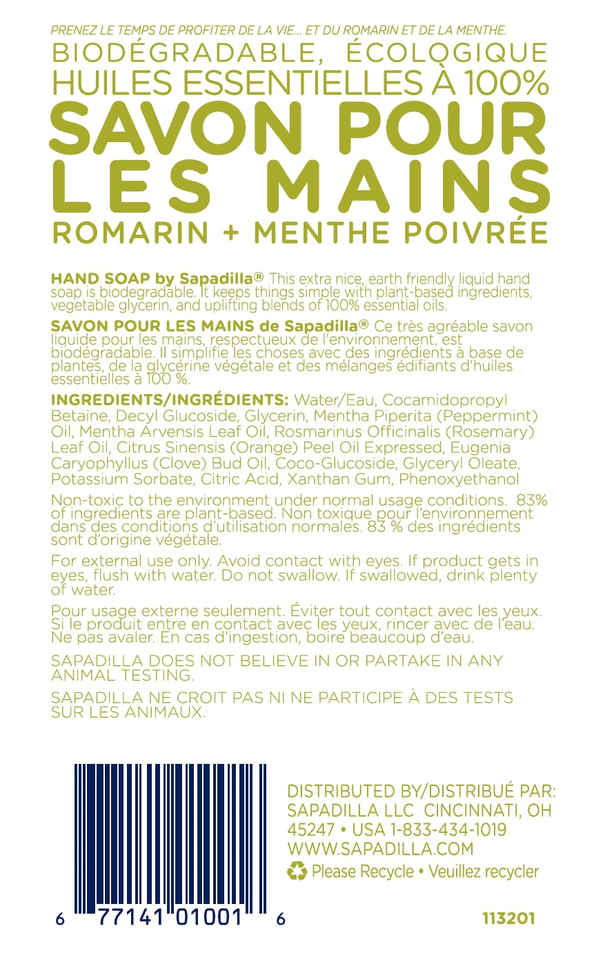 Sapadilla Liquid Hand Soap - Rosemary + Peppermint - Made with 100% Pure Essential Oil Blends, Cleansing & Moisturizing, Aromatic & Fragrant Hand Soap, Plant Based, Biodegradable, 12 Ounce (Pack of 4)