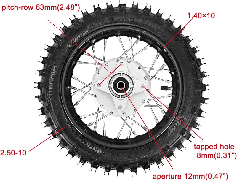 Rear Wheel Tire and Rim 2.5-10 for 50cc Dirt Bikes | 1.4 x 10 Size with 12mm Bearing