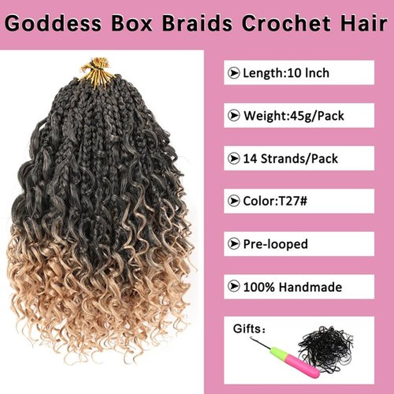 COOKOO 10 Inch Goddess Box Braids Crochet Hair With Curly Ends 8 Pack Bohemian Hippie Box Braids Pre-looped Crochet Hair Synthetic Crochet Braiding Hair for Black Women T27#