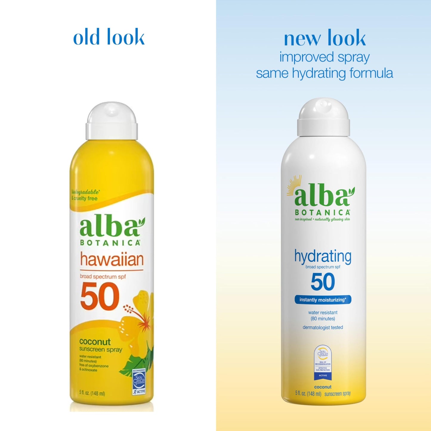 Alba Botanica Hydrating Sunscreen Spray, SPF 50 Broad Spectrum Protection, Instantly Moisturizing, Water Resistant (80 minutes), Hypoallergenic, Oxybenzone-Free, 5 Fl. Oz