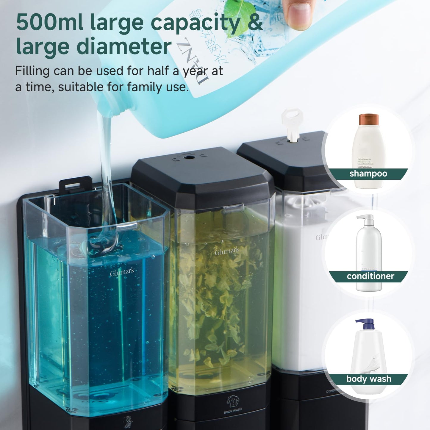 Shampoo and Conditioner Dispenser 3 Chamber No Drill Shampoo Dispenser for Shower Wall Mounted Shower Soap Dispenser 3 * 500ml Refillable Shower Dispenser for Bathroom Hotel(Black 3 Chamber)