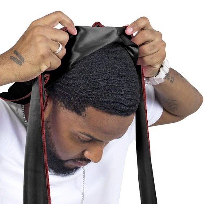 ForceWave Silky Durag for Men Wave Cap Satin Dorag for Men Women 360 Wave (Black with Red Seam)