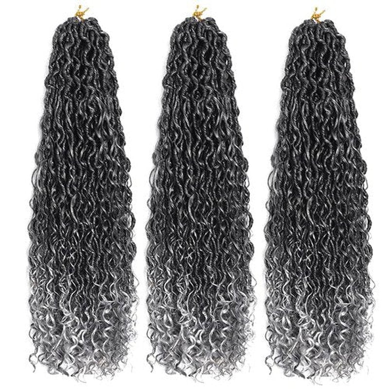BALINGHAIR Goddess Locs Crochet Hair Ombre Black to Gray 22 Inch 3 Packs Bohemian Faux Locs Crochet Hair With Curly Ends Pre Looped Hair Extensions 16 Roots/Pack(1B/Gray)
