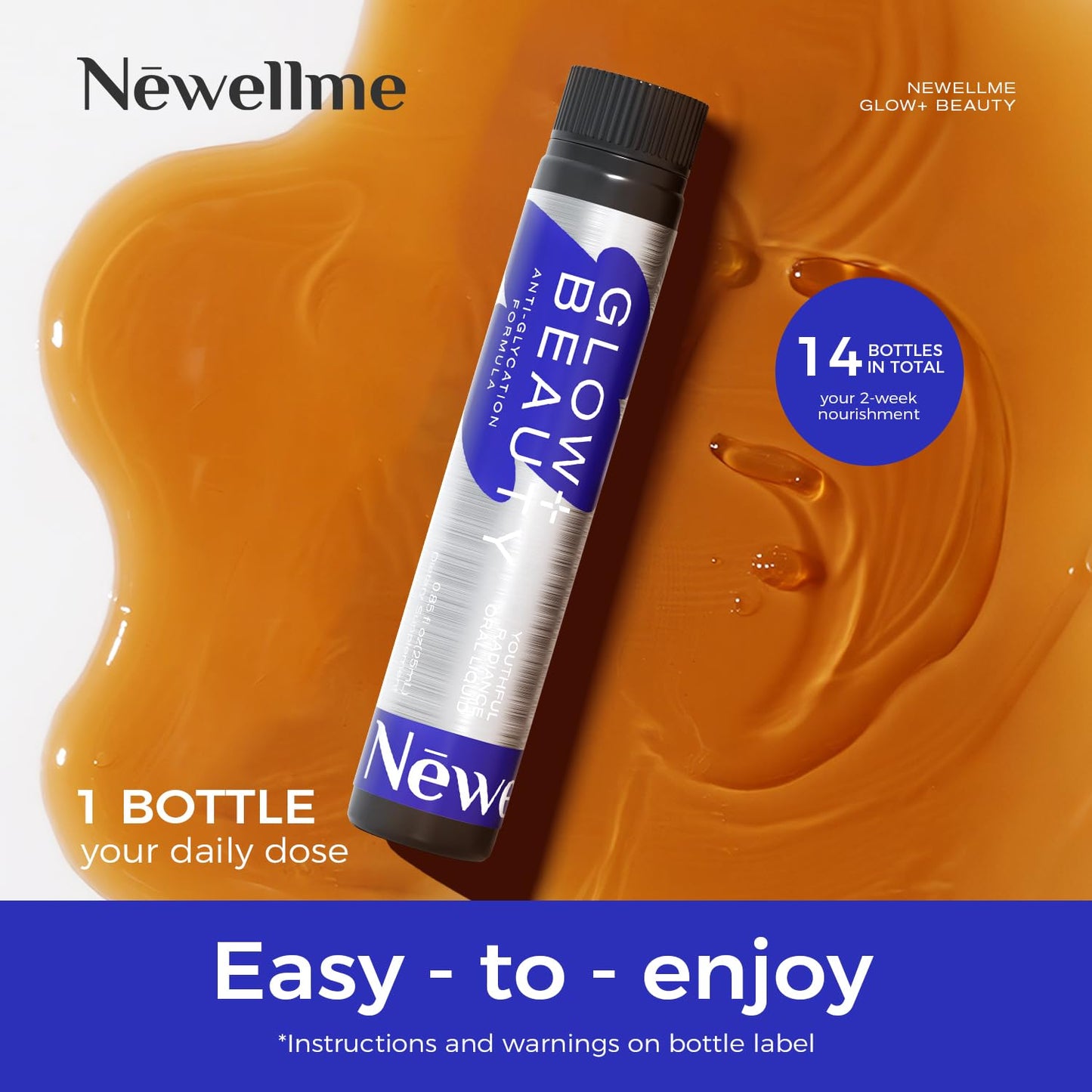 NEWELLME Liquid Collagen Drink for Women, 18,000mg Multi Collagen Complex with Hyaluronic Acid & Antioxidants, Beauty Supplement for Skin Hydration, Hair & Nails, Blue Raspberry, 14 Bottles
