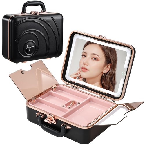 Travel Makeup Train Cases with Lighted Mirror 3 Color Setting, Hardshell Makeup Cosmetic Case Organizer Adjustable Brightness Portable Makeup Storage Box For Makeup Accessories Black