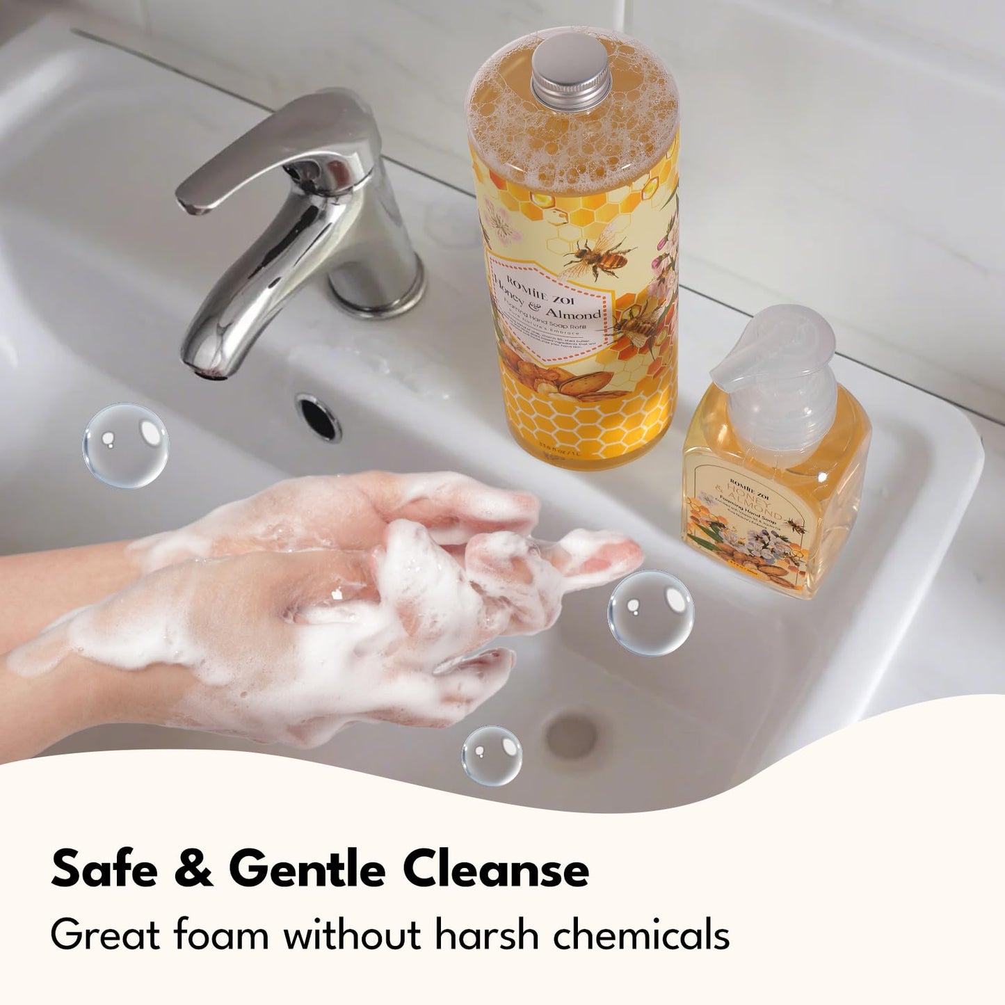 ROMIIE ZOI Foaming Hand Soap Refill- Natural Honey & Almond Fragrance Gentle & Moisturizing Formula Hand Soap Refills with Dispenser for Home & Kitchen, 1 L/ 33.8 FL OZ pack of 3