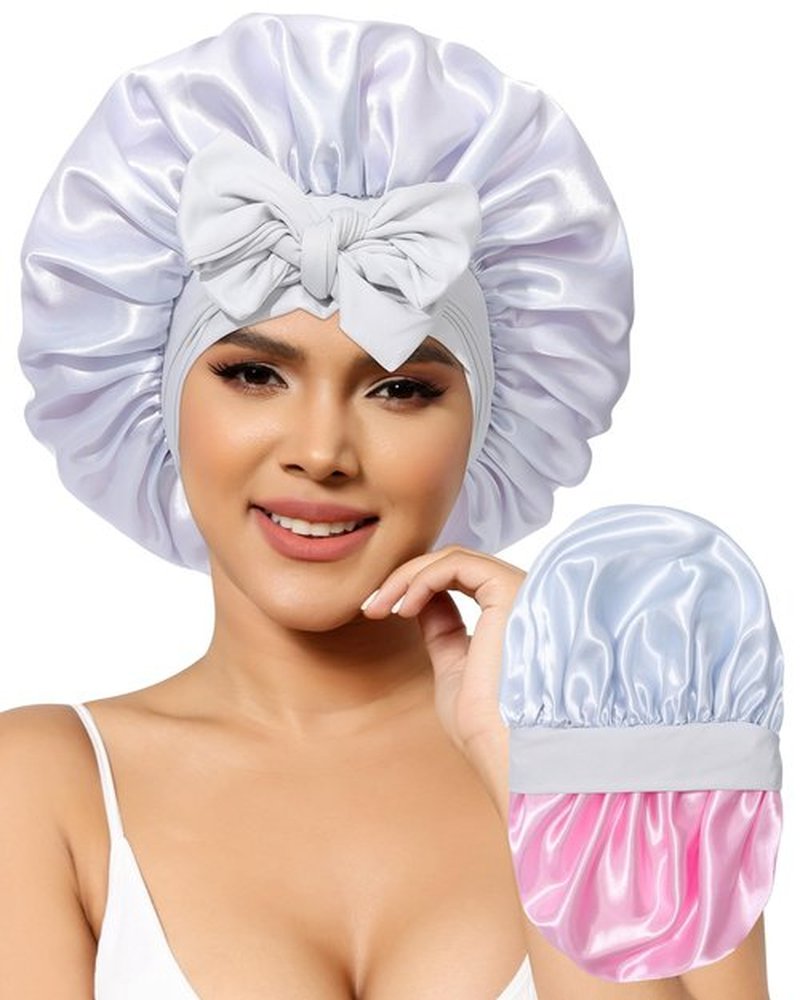 Satin Bonnet for Women Silk Bonnets for Sleeping Curly Hair Bonnet with Elastic Tie Band Reversible Double Layer Sleep Cap Hair Wrap (Pink + Grey)