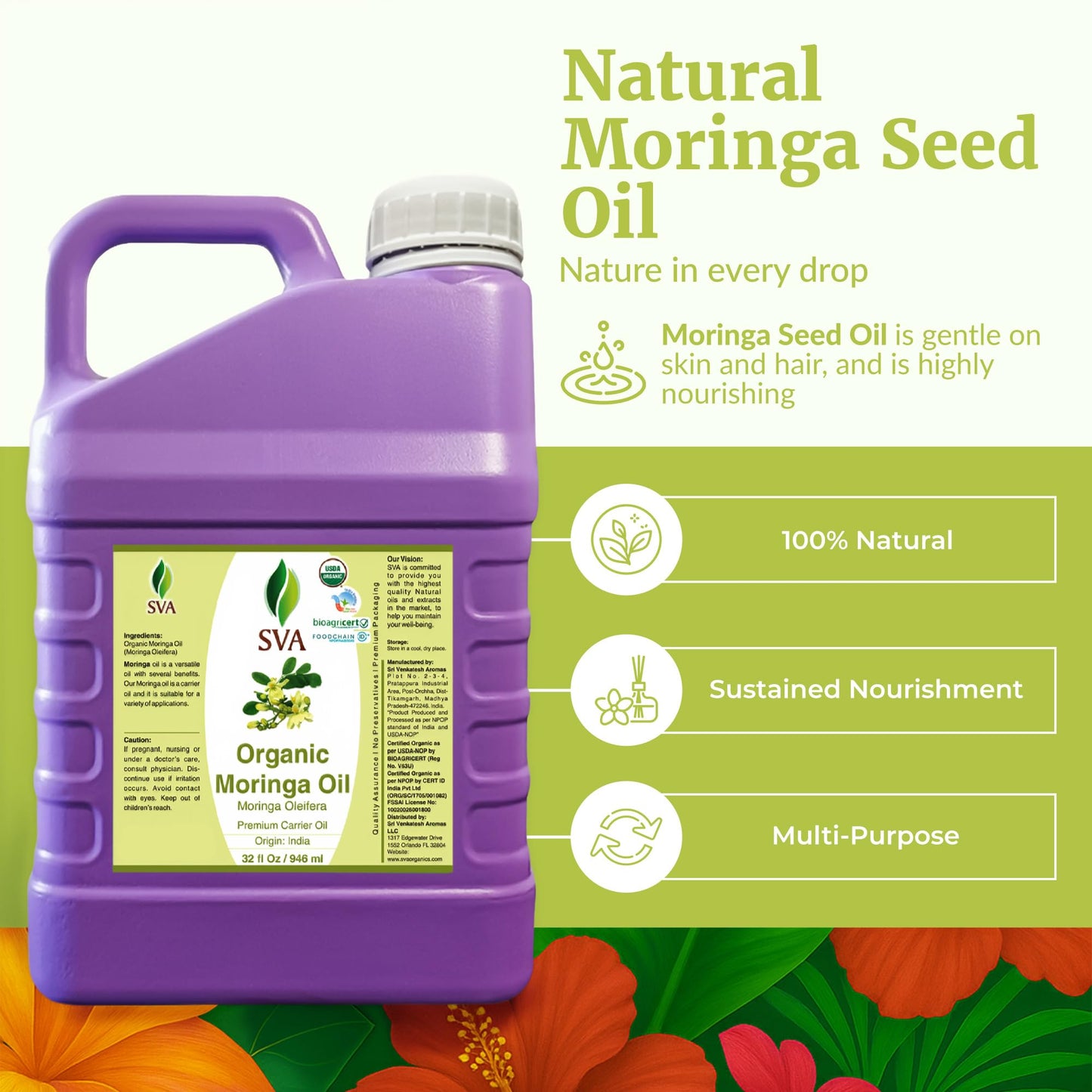 SVA Organic Moringa Seed Carrier Oil, Large Size, 32 Fl Oz (946 ml)