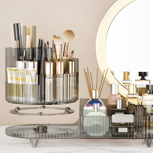 Rotating Makeup Organizer for Vanity with Brush Holder, Cosmetic Makeup Storage Organizer, Large Spinning Makeup Skincare Organizer, Countertop Makeup Perfume, Lotions Display Case (Transparent Black)