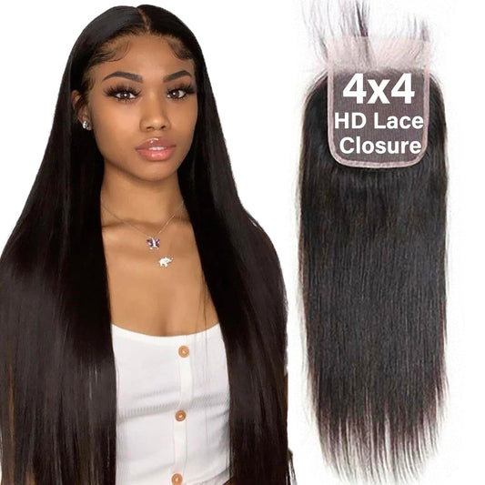 MARUVI 4x4 HD Lace Closure Human Hair Straight Transparent HD Lace Closure 100% Unprocessed 12A Brazilian Virgin Remy Human Hair Free Part Pre Plucked with Baby Hair Natural Black (18 Inch)