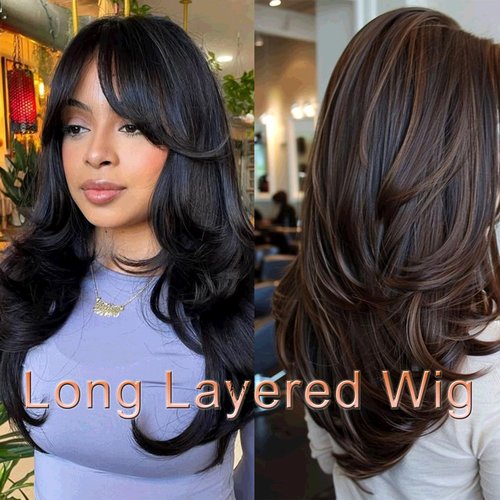 Jolelyne Silver Gray Ombre Wigs Layered Wavy Wig with Curtain Bangs for White Women Light Grey Body Wave Wig Natural Long Hair Wig for Women Synthetic Silver Highlight Gray Wig