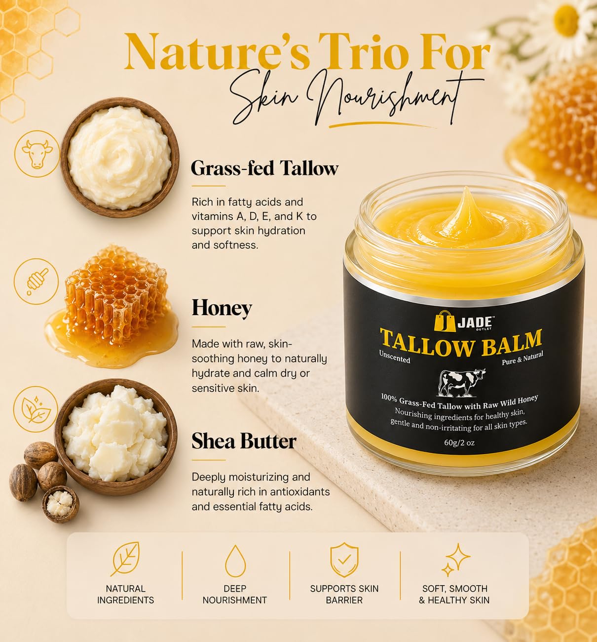 Unscented Tallow Balm for Dry & Sensitive Skin – Grass Fed Beef Tallow, Raw Wild Honey, Shea Butter & Olive Oil – Deep Moisture Face & Body Balm – Fragrance Free – Supports Skin Barrier – 2 oz