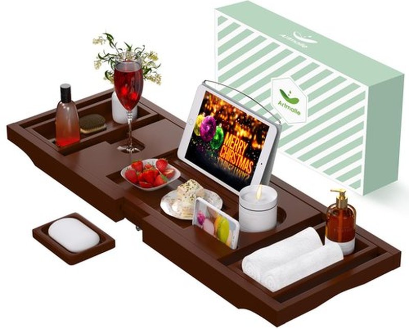 Bathtub Caddy Tray for Tub, Foldable Bamboo Bath Table Tray with Book and Wine Glass Holder, Expandable Bathroom Accessories with Free Soap Dish Suitable for Luxury Spa or Reading, Brown