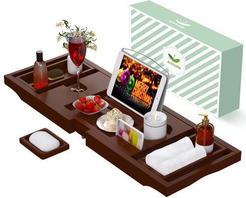 Bathtub Caddy Tray for Tub, Foldable Bamboo Bath Table Tray with Book and Wine Glass Holder, Expandable Bathroom Accessories with Free Soap Dish Suitable for Luxury Spa or Reading, Brown