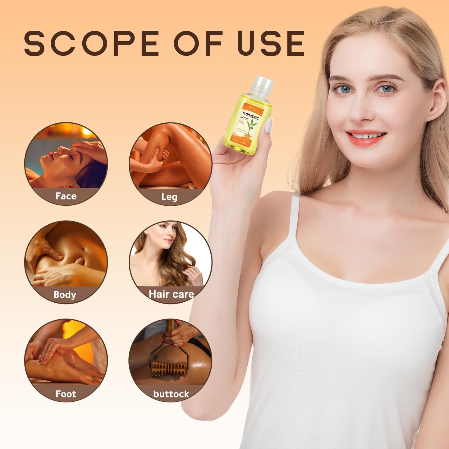 PEGO Turmeric Body Oil for Adults,Deep Moisturizing Massage Oil,Multi-Use for Face, Leg, Body, Hair Care, Foot & Buttock, Natural Turmeric Infused for Dry Skin Reliefs (1Pack)