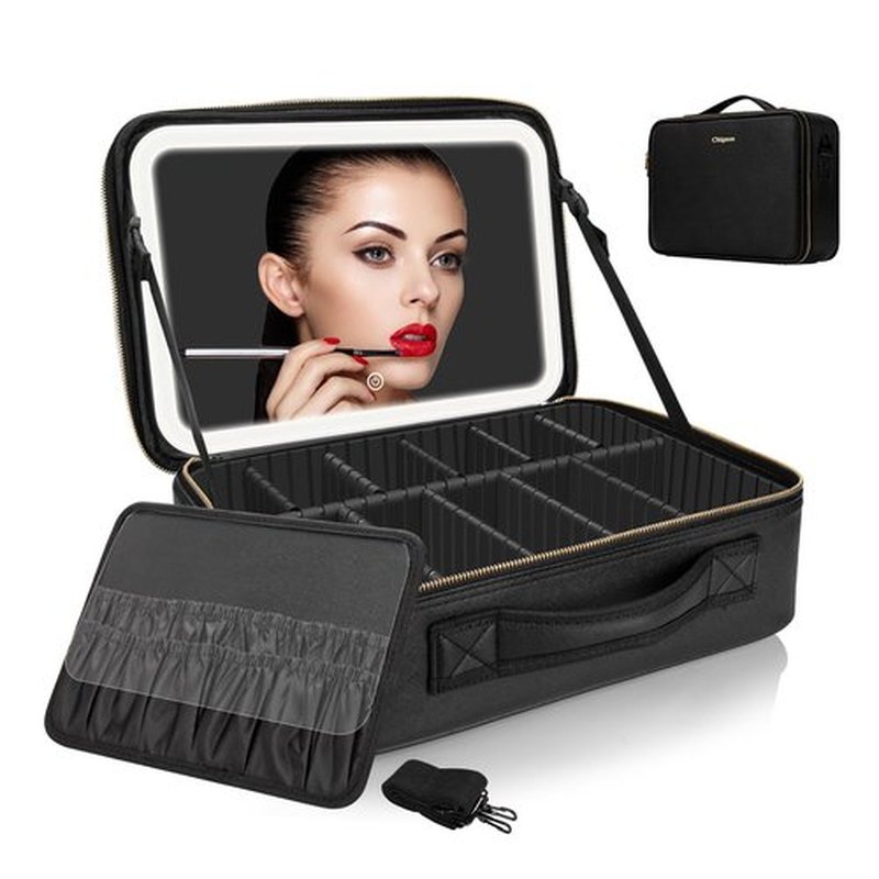 14.6”X 10.3”Large Makeup Case Black with Lighted Up Mirror, Professional Travel Vanity Cosmetic Train Bag with LED Light, 3 Colors Light and Adjustable Brightness Makeup Case for Women Girls (Black)