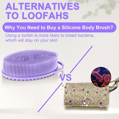 Metene Silicone Exfoliating Body Scrubber with Loop, Body Scrubber for Men and Women, Silicone Loofah for Shower, Soft Silicone Body Scrubber for Shower and Bath Skincare Routine (Purple)