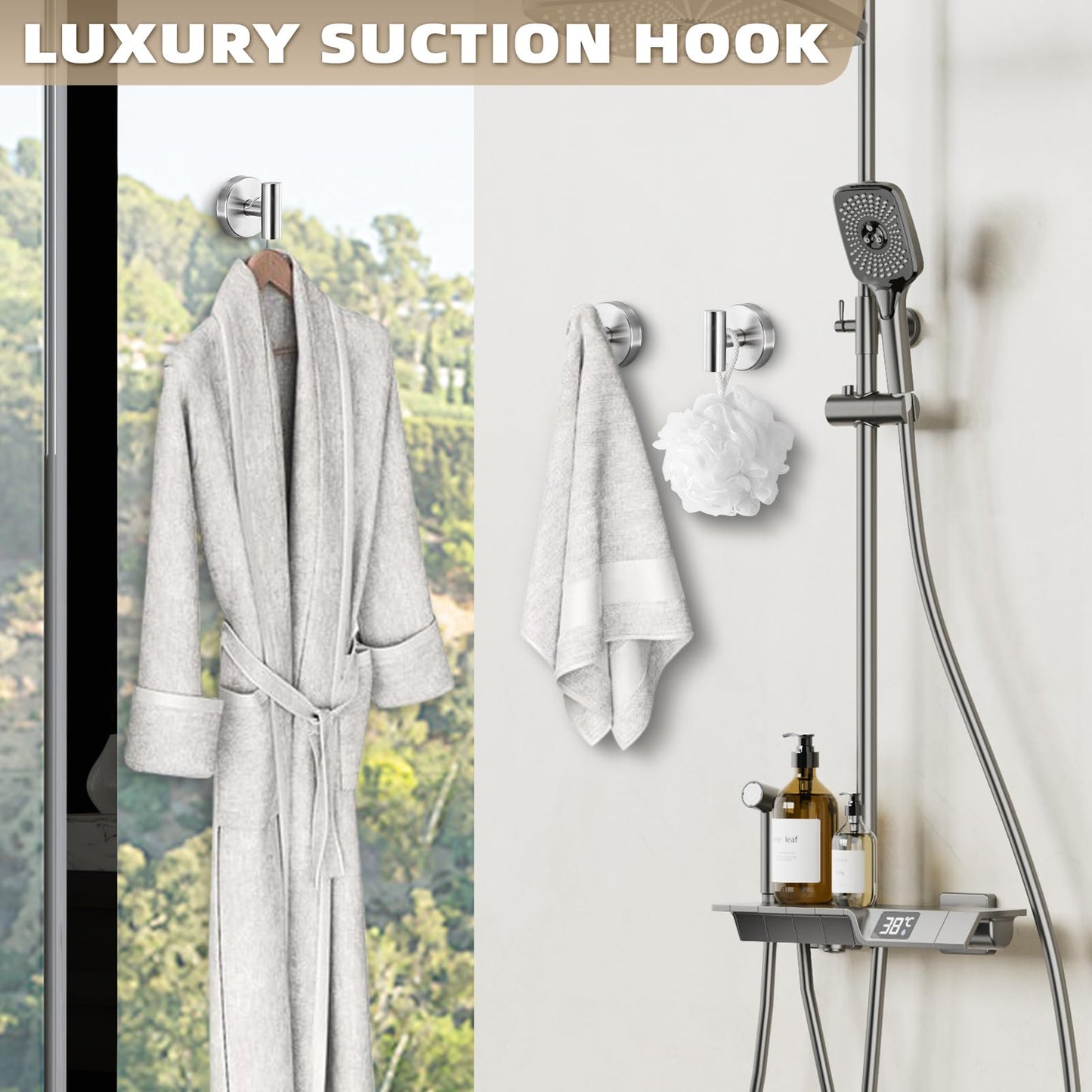 Fenas Suction Cup Hooks for Shower - Bathroom Reusable Hooks for Towels, Robes & Loofah - No-Drill Mounting on Kitchen,Walls,Metal,Glass,Mirrors,Tile & Smooth Non-Porous Surfaces (4, Brushed Nickel)