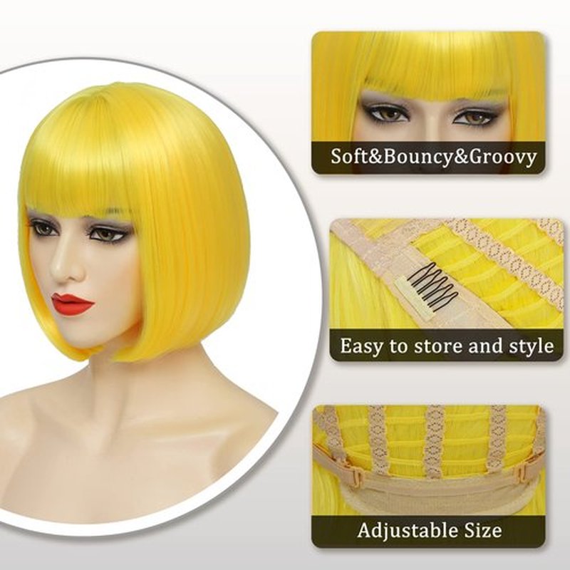 YBYMCAI Yellow Bob Wig With Bangs Short Yellow Bob Wigs For Women Straight Bob Bangs Wig 10 Inch Natural Looking For Daily Party Use