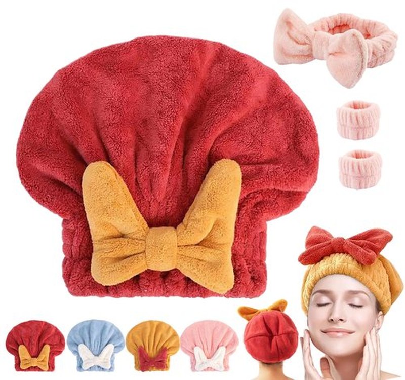 bokando Super Absorbent Hair Towel Wrap for Wet Hair, Efficient Hair Towel Wrap for Women, Quick-Drying Thickened Soft Bow Tie Hair Towel Wrap for Wet Frizzy Long Thick Hair (Red)