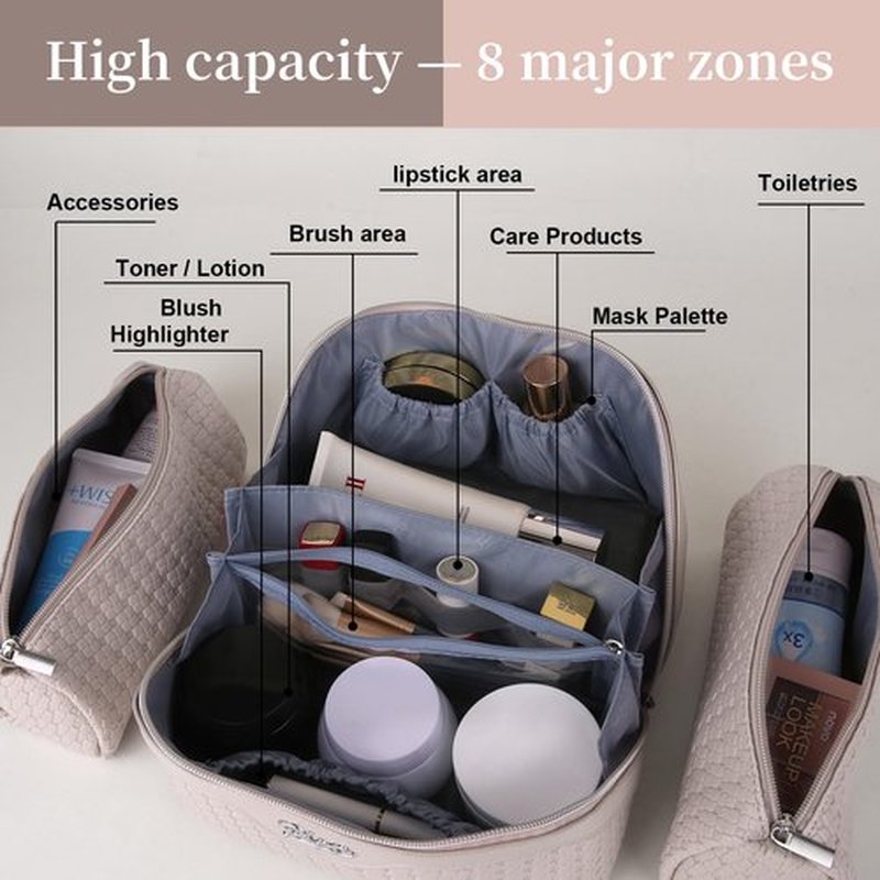 Travel Makeup Bags Cosmetic Organizer Bag: Large Capacity Make up Bag Set of 3 - Vegan Leather Woven Toiletry Bag for Women - Portable Makeup Organizer with Compartments & Handle & Divider Beige