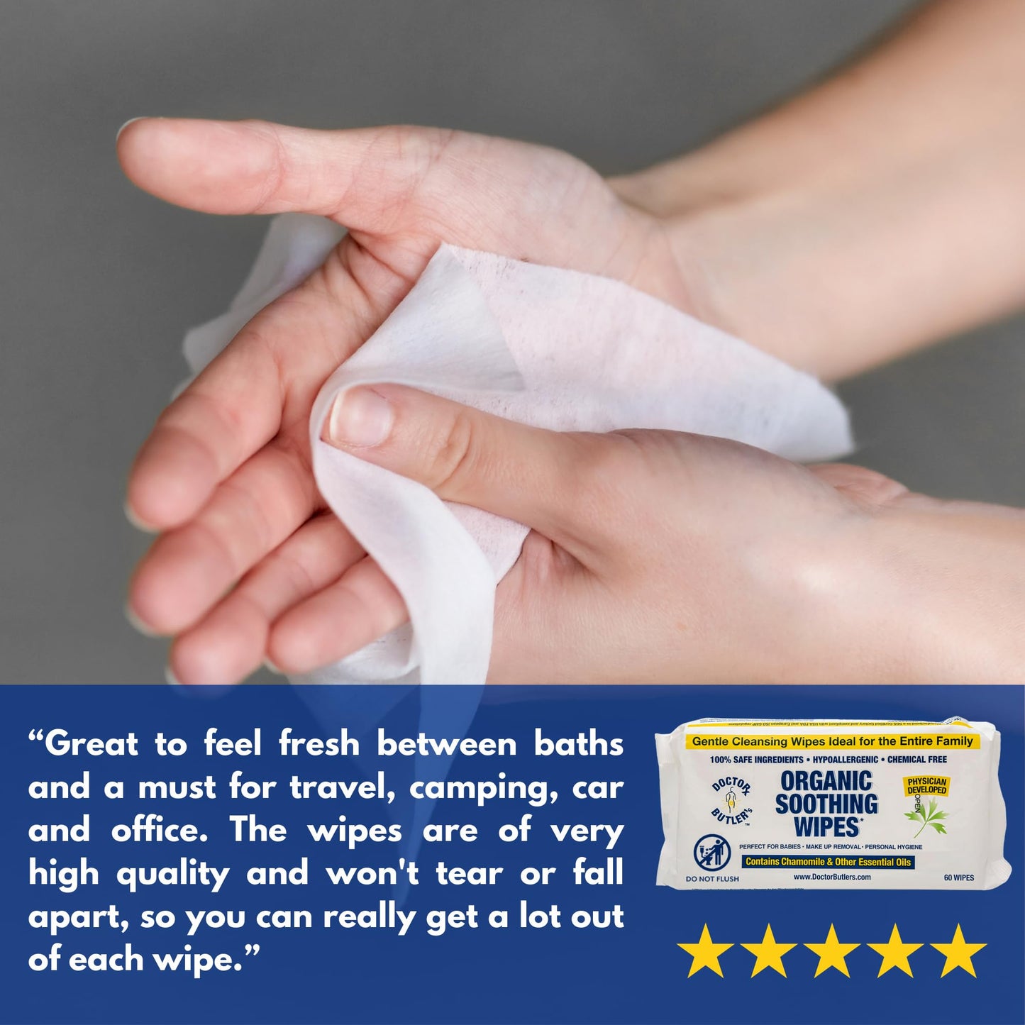 Doctor Butler's Soothing All-Purpose Wet Wipes for Sensitive Skin, Made with Organic Bamboo, Face Wipes, and Bathroom Cleanup with Chamomile and Essential Oils* (1 Pack - 60 Count)