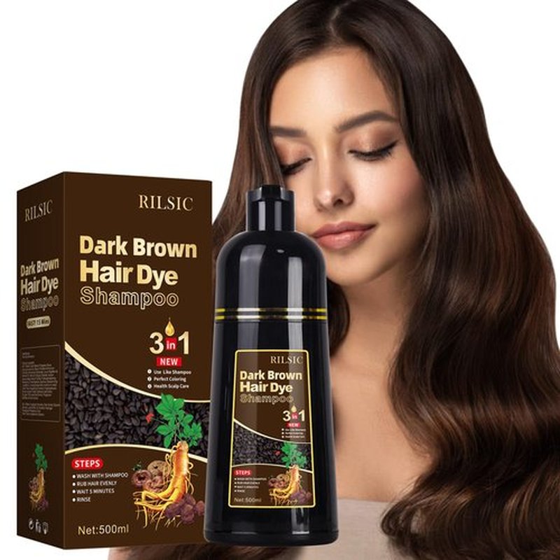 RILSIC Hair Dye Shampoo 3 IN 1, Instant Hair Color Shampoo for Women Men - Herbal Natural Hair Color- Grey Hair Coverage, Black Hair Dye Coloring in Minutes(500ML, 17.6 Fl Oz) (Dark Brown)