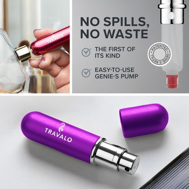 Travalo Classic HD Perfume Atomizer | Genie-S TSA Approved Travel Perfume Bottle Refillable | Reusable Airtight Easy-Fill Mini Pump Sprayer | Lightweight Elegant Design w/Volume Window Purple 0.17oz