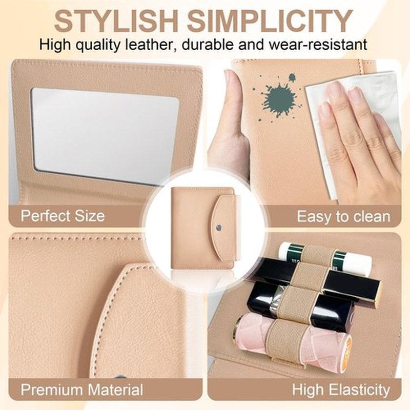 LAOTANGJIA PU Lipstick Case Holder with Mirror,Holds 4pcs of Long Lipsticks,Lipstick Holder,Makeup Travel Cases Organizer Bag for Outside Mini Bag Pouch,for Gift Women