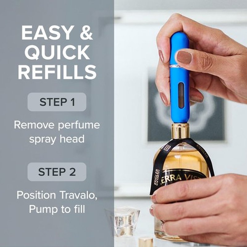 Travalo Classic HD Perfume Atomizer | Genie-S TSA Approved Travel Perfume Bottle Refillable | Reusable Airtight Easy-Fill Mini Pump Sprayer | Lightweight Elegant Design w/Volume Window | Blue | 0.17oz