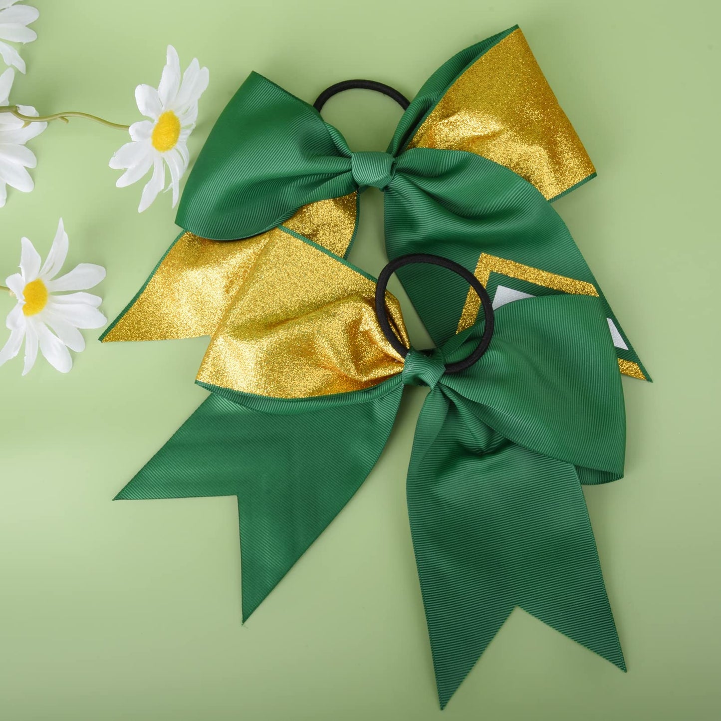 DEEKA 8PCS 8" Two Toned Large Glitter Cheer Bows Shiny Cheer Hair Bows Ponytail Holder Handmade for Cheerleader Girls Softball Sports -g Gold/Green