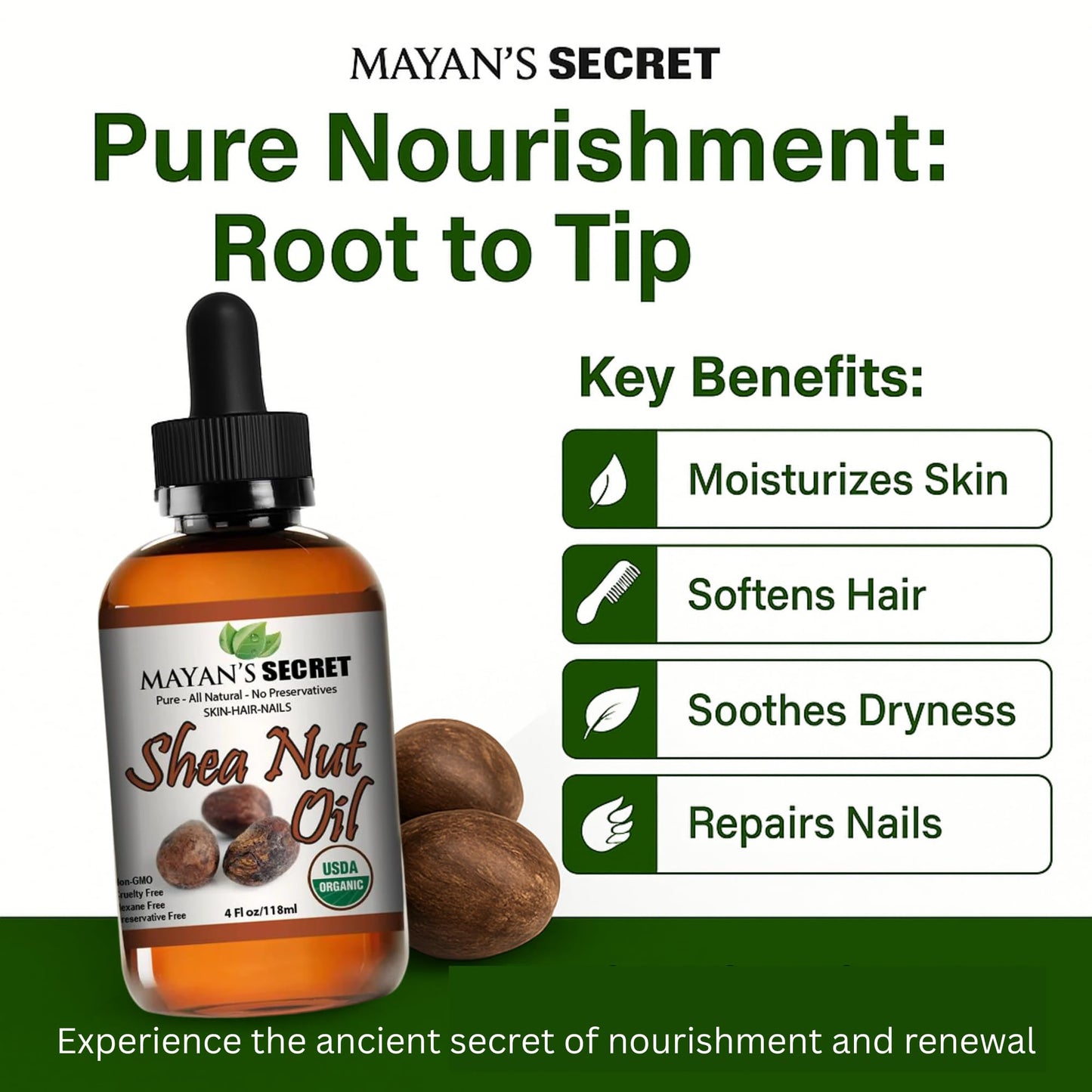 Mayan's Secret Shea Nut Oil USDA Certified Organic Natual Undiluted Cold Pressed for Skin Hair Lips and Nails