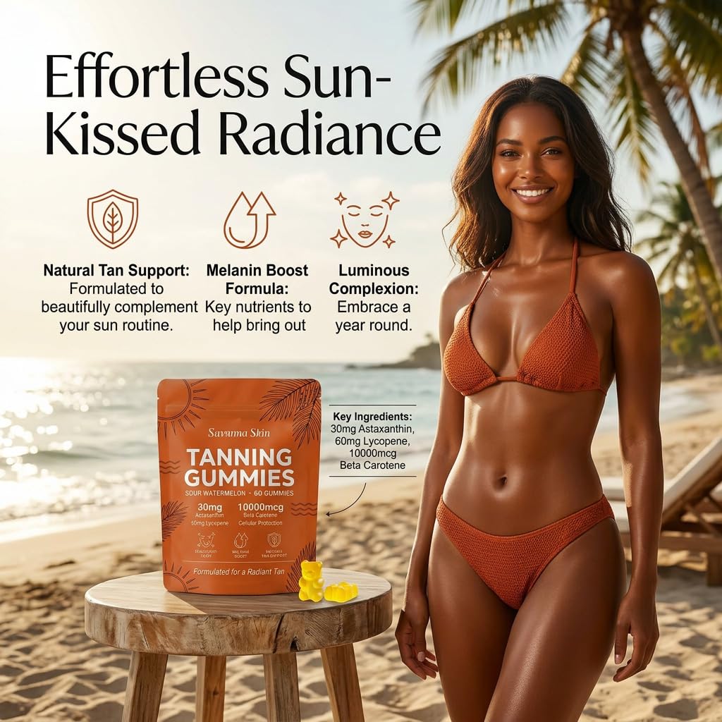 Lyva Savanna Skin Tanning Gummies - Natural Sunless Glow Supplement with Beta-Carotene & Vitamin C – 60 Vegan Gummies for a Golden, Radiant Complexion