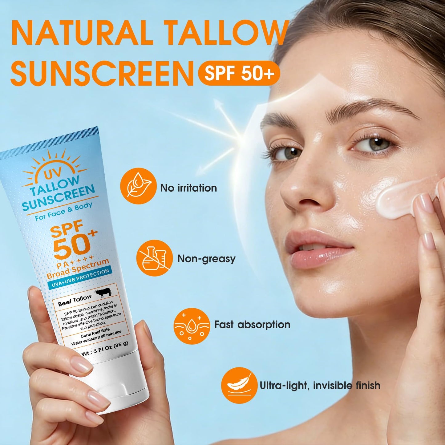 Beef Tallow Sunscreen SPF 50: Mineral Non-Nano Zinc Oxide Sunblock, Non-Greasy & Instant Protection for Face, Reef-Safe for Beach, Running & Sports, 3 Fl Oz (85g)